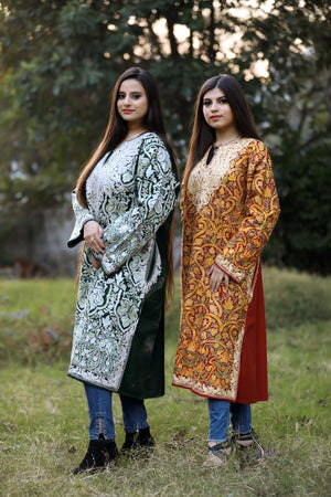Red Pure Wool Kashmiri Phiran with Jaal Paisley Embroidery