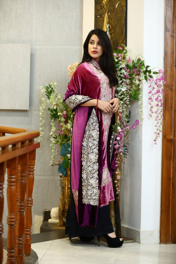 Gloss Velvet Ombre Cape Shawl with Tilla Work: Onion and Purple