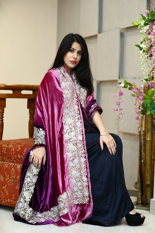 Silk Velvet Ombre Cape Shawl with Tilla Work: Onion and Purple