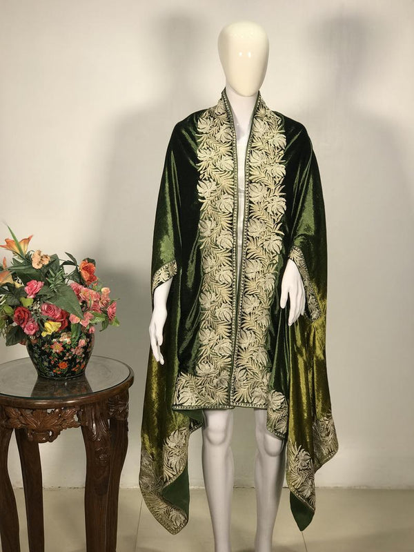 Gloss Velvet Ombre Cape with Tilla Work: Lemon Ginger and Bottle Green