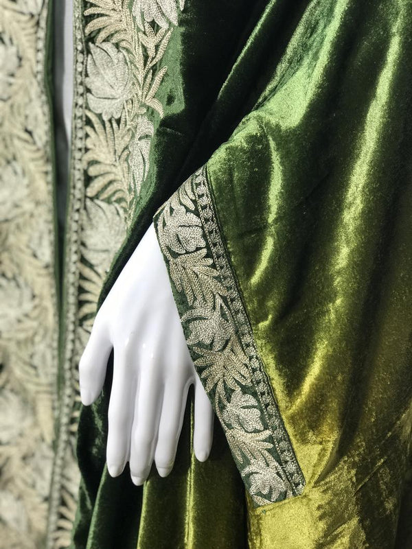 Gloss Velvet Ombre Cape with Tilla Work: Lemon Ginger and Bottle Green