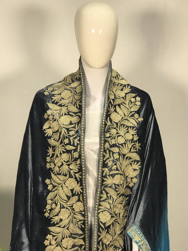 Gloss Velvet Ombre Cape with Gold Tilla Work: Turquoise and Grey