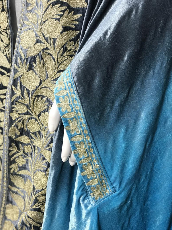 Gloss Velvet Ombre Cape with Gold Tilla Work: Turquoise and Grey
