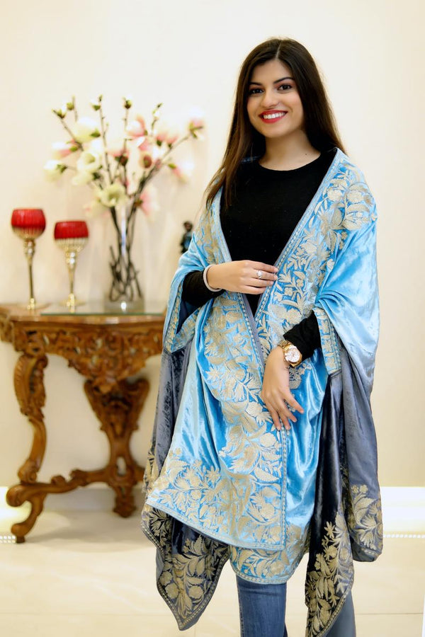 Gloss Velvet Ombre Cape with Gold Tilla Work: Turquoise and Grey