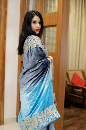 Silk Velvet Ombre Cape with Gold Tilla Work: Turquoise and Grey close up