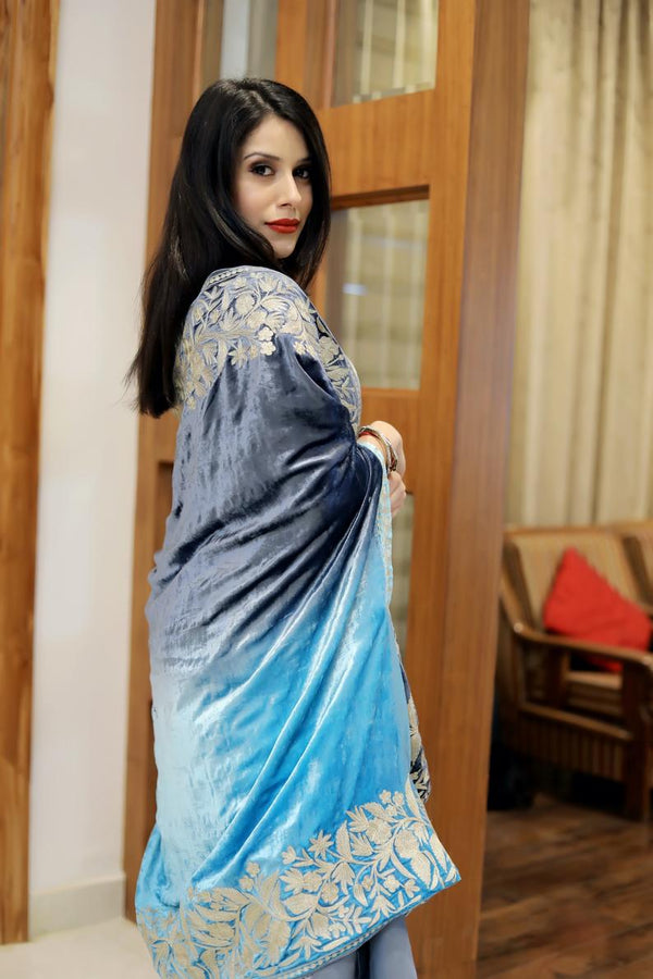 Silk Velvet Ombre Cape with Gold Tilla Work: Turquoise and Grey close up