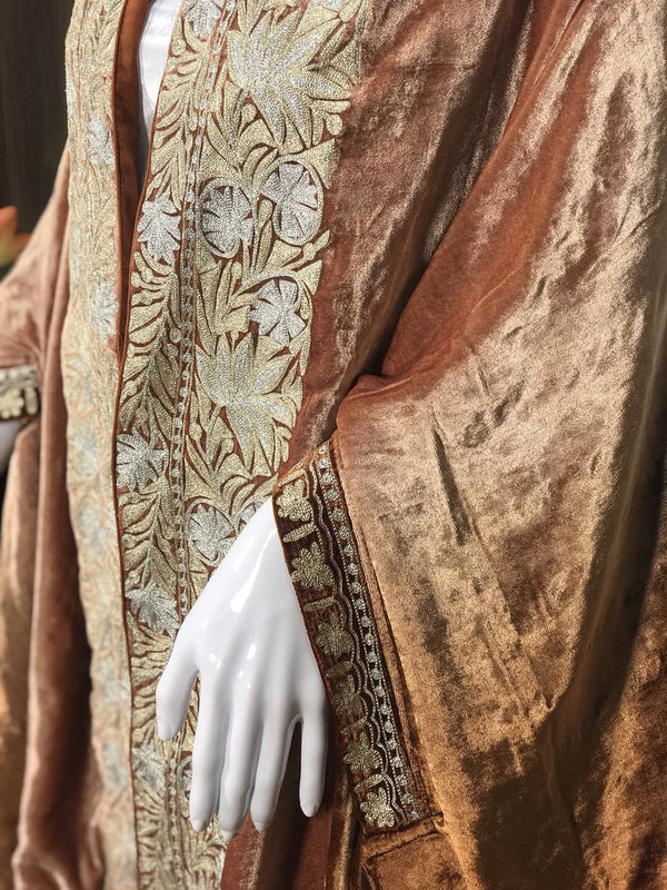 Silk Velvet Brown Ombre Cape Shawl with Kashmiri Tilla Work