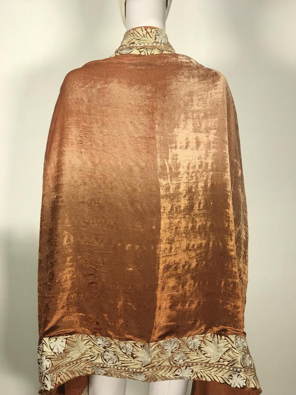 Silk Velvet Brown Ombre Cape Shawl with Kashmiri Tilla Work