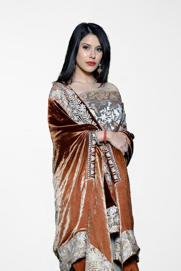 Silk Velvet Brown Ombre Cape with Kashmiri Tilla Work close up