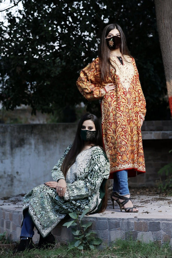 Red Pure Wool Kashmiri Phiran with Jaal Paisley Embroidery front