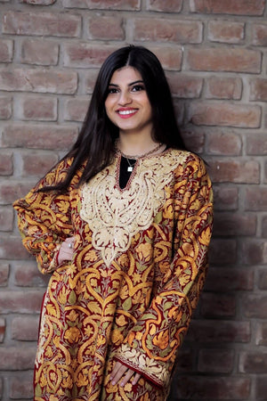 Red Pure Wool Kashmiri Phiran with Jaal Paisley Embroidery