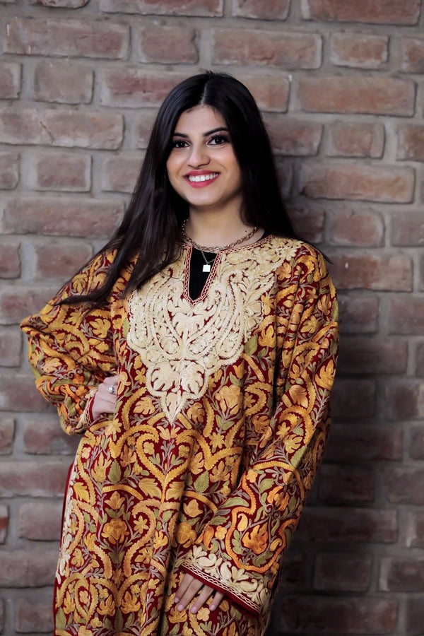 Red Pure Wool Kashmiri Phiran with Jaal Paisley Embroidery
