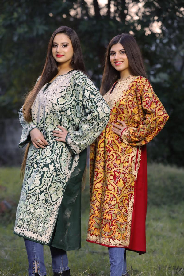 Dark Green Pure Wool Kashmiri Phiran with Jaal Paisley Embroidery side