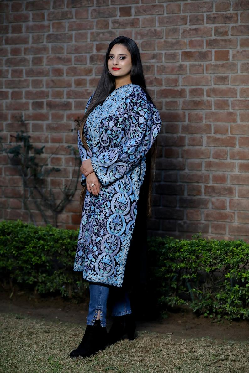 Black Pure Wool Kashmiri Phiran with Jaal Paisley Embroidery
