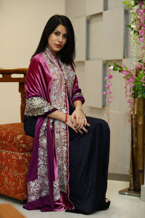 Gloss Velvet Ombre Cape Shawl with Tilla Work: Onion and Purple
