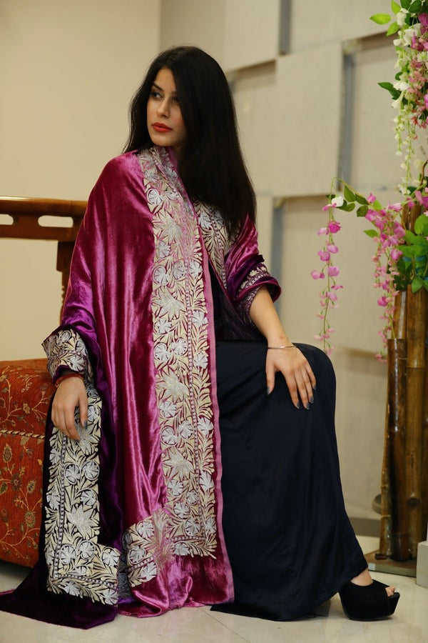Gloss Velvet Ombre Cape Shawl with Tilla Work: Onion and Purple