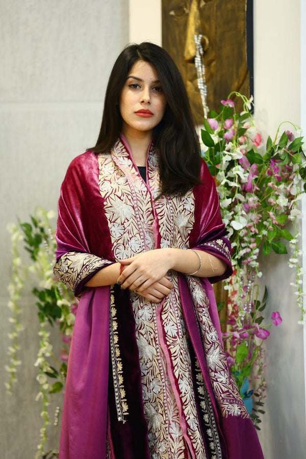 Silk Velvet Ombre Cape Shawl with Tilla Work: Onion and Purple