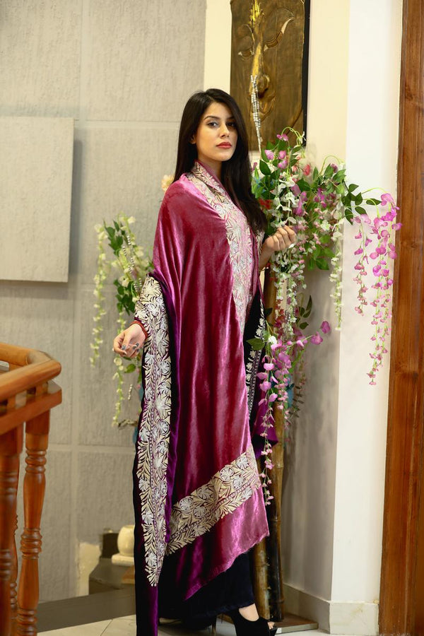 Silk Velvet Ombre Cape Shawl with Tilla Work: Onion and Purple side