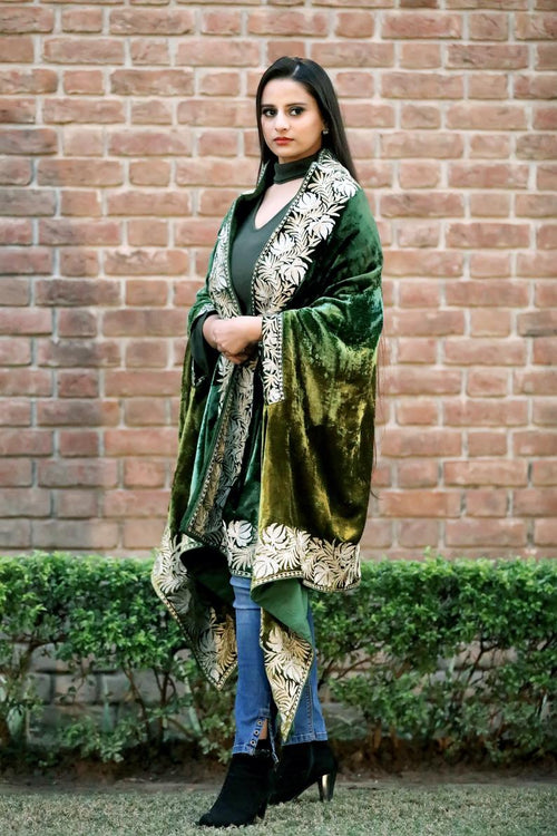 Silk Velvet Ombre Cape with Tilla Work: Lemon Ginger and Bottle Green