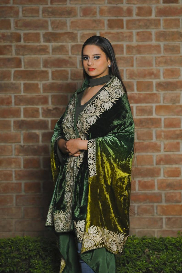 Gloss Velvet Ombre Cape with Tilla Work: Lemon Ginger and Bottle Green
