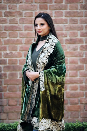 Silk Velvet Ombre Cape with Tilla Work: Lemon Ginger and Bottle Green Close up