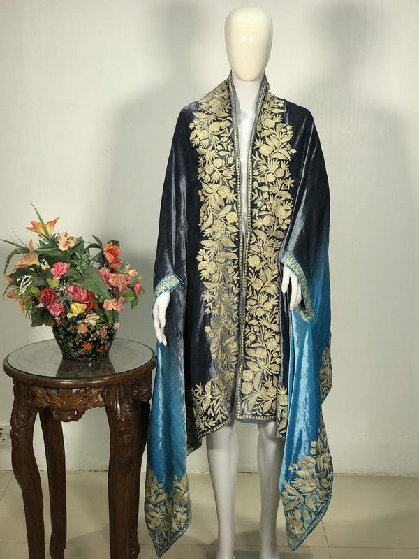 Gloss Velvet Ombre Cape with Gold Tilla Work: Turquoise and Grey