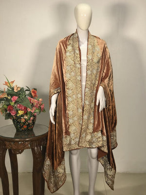 Silk Velvet Brown Ombre Cape Shawl with Kashmiri Tilla Work