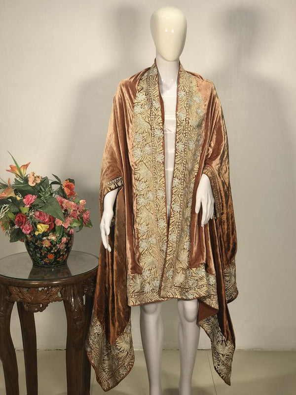 Silk Velvet Brown Ombre Cape Shawl with Kashmiri Tilla Work
