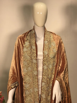 Silk Velvet Brown Ombre Cape Shawl with Kashmiri Tilla Work