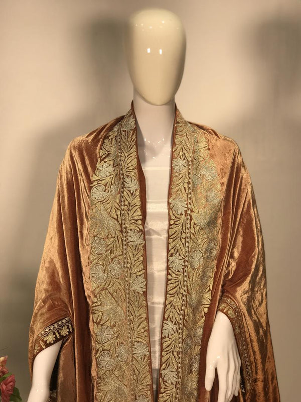 Silk Velvet Brown Ombre Cape Shawl with Kashmiri Tilla Work