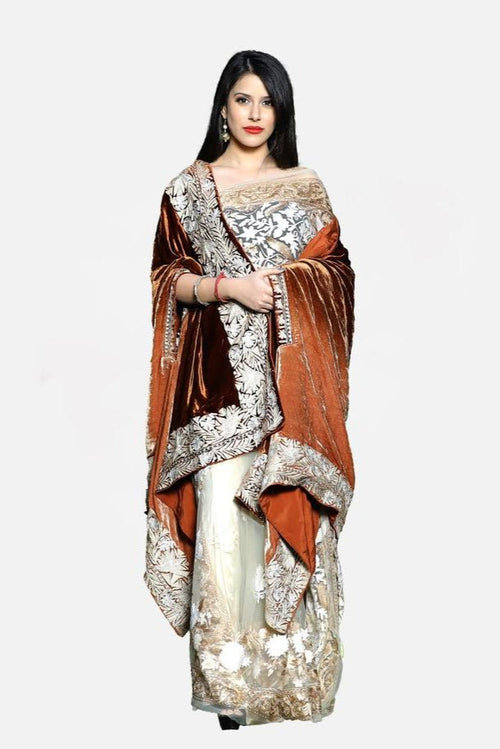Silk Velvet Brown Ombre Cape with Kashmiri Tilla Work