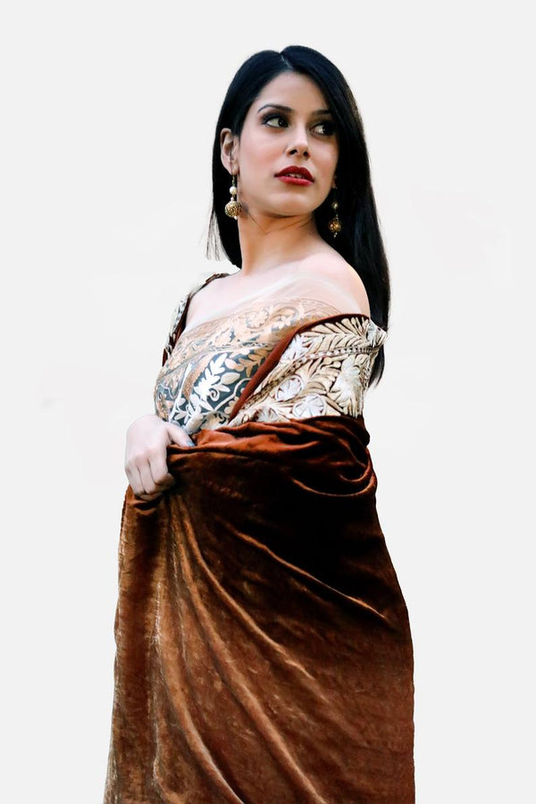 Silk Velvet Brown Ombre Cape Shawl with Kashmiri Tilla Work
