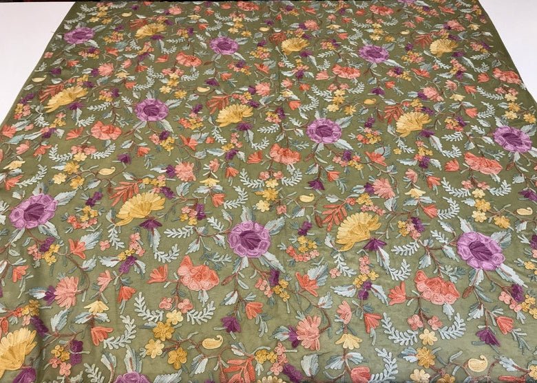 Moss Green Running Fabric with Floral Aari Jaal Embroidery