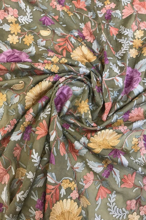 Moss Green Running Fabric with Floral Aari Jaal Embroidery