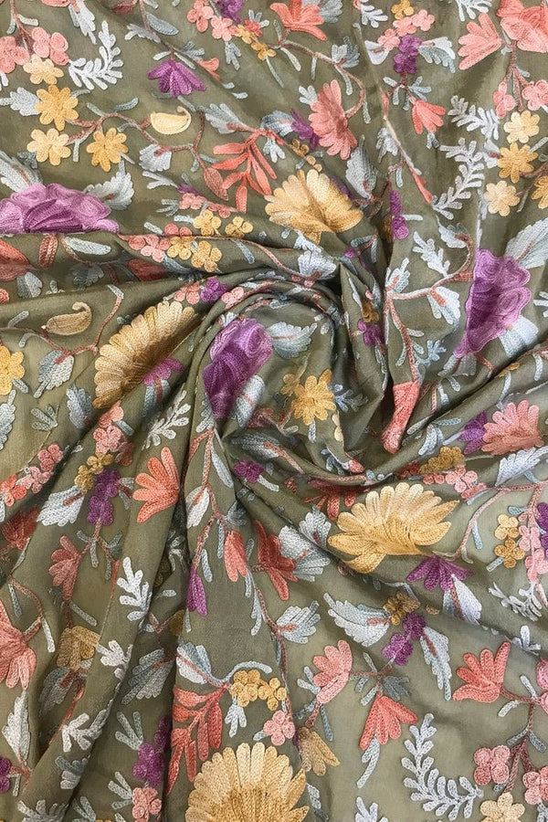 Moss Green Running Fabric with Floral Aari Jaal Embroidery