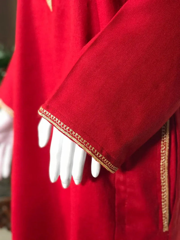 Red Pure Wool Phiran with Tilla Hand Embroidery