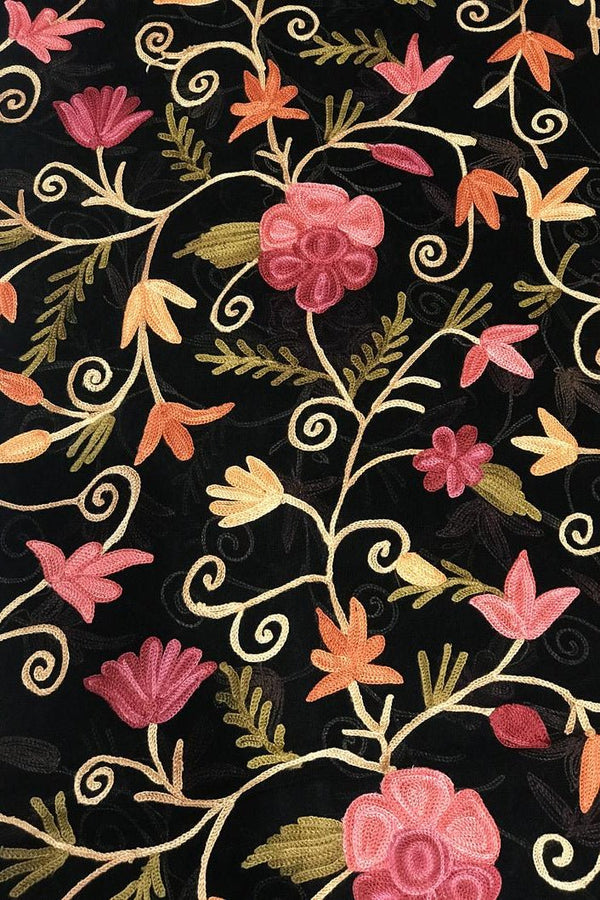 Black DIY Fabric with Floral Aari Jaal Embroidery close up