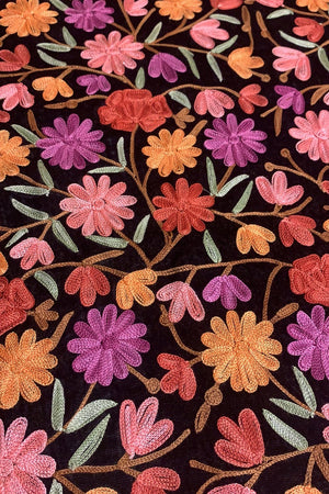 Dense Floral Embroidered DIY Black Velvet Fabric