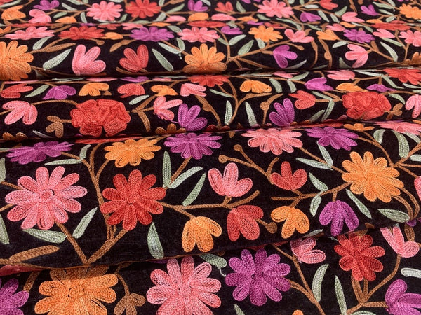 Dense Floral Embroidered DIY Black Velvet Fabric