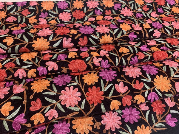Dense Floral Embroidered DIY Black Velvet Fabric
