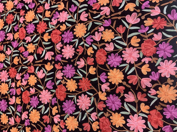 Dense Floral Embroidered DIY Black Velvet Fabric