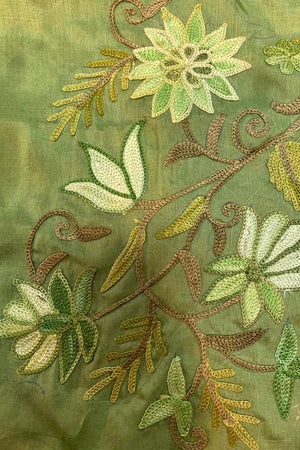 Olive Green DIY Fabric with Floral Aari Jaal Embroidery