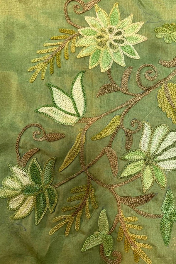 Olive Green DIY Fabric with Floral Aari Jaal Embroidery