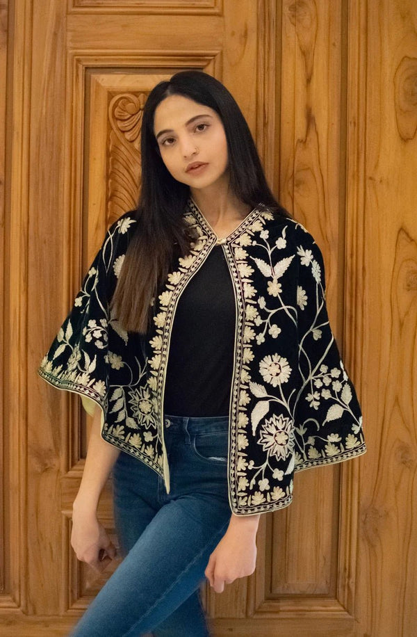 Bottle Green Velvet Cape Poncho with Kashmiri Zari Work