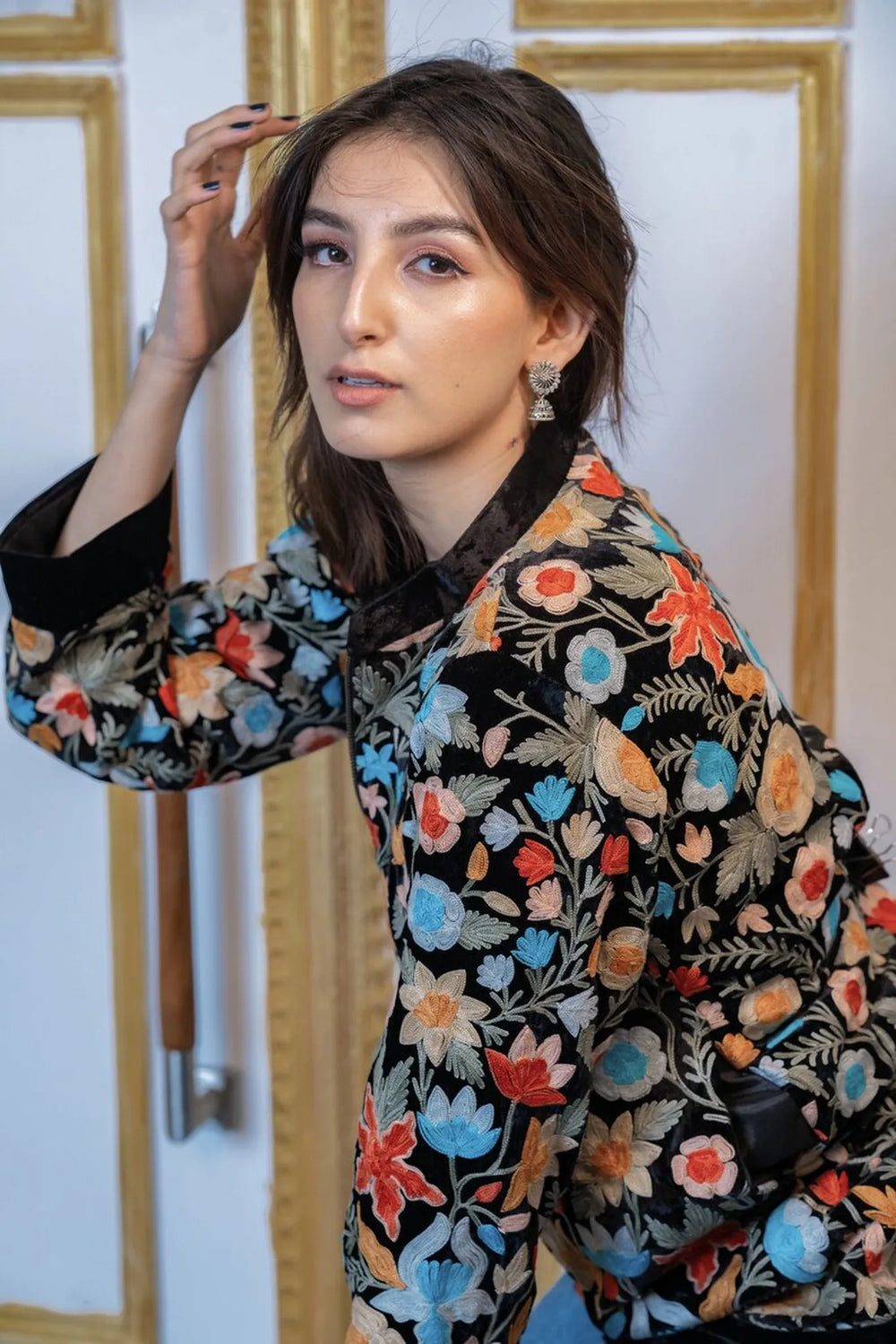 Floral Finesse Velvet Zipper Jacket