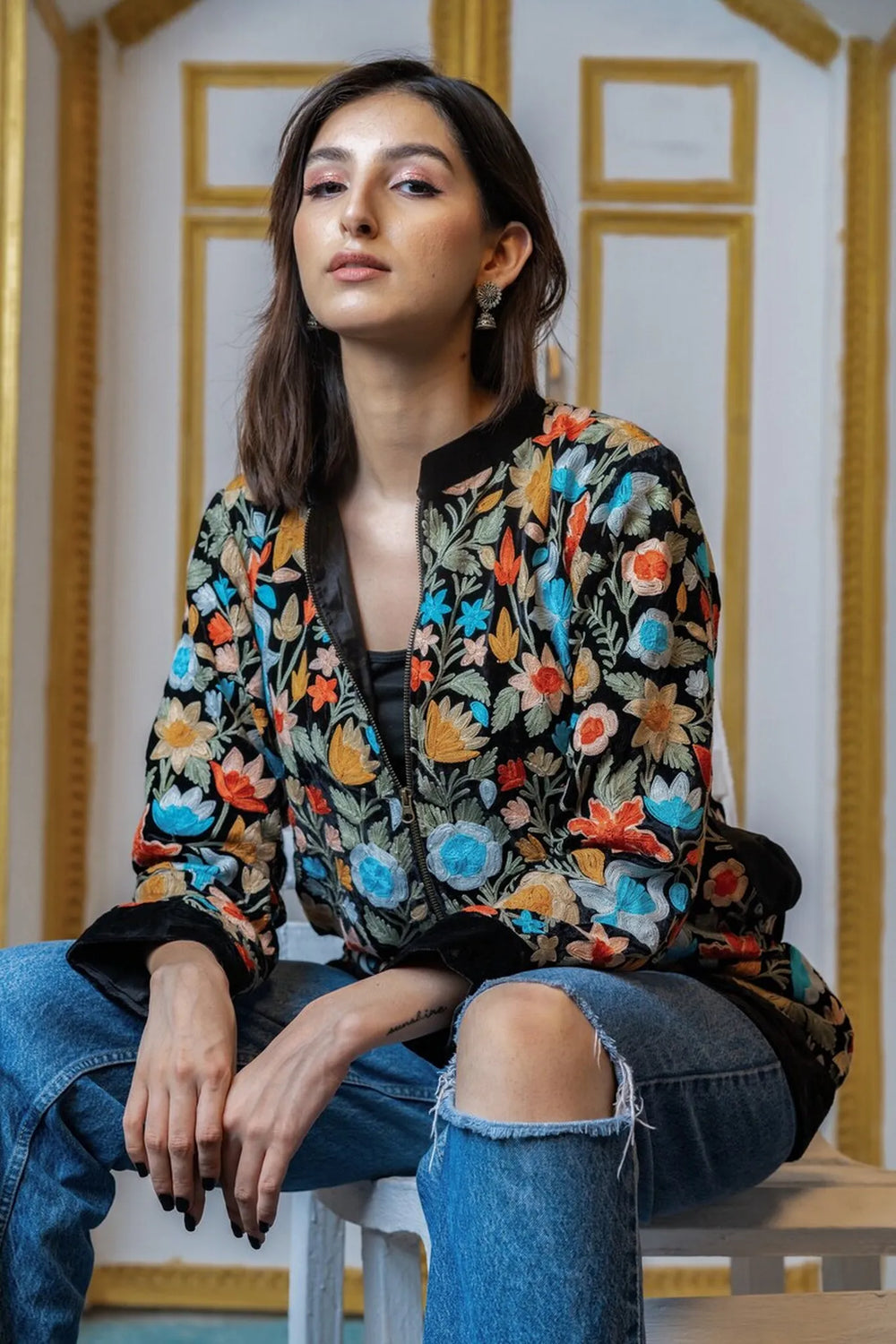 Floral Finesse Velvet Zipper Jacket