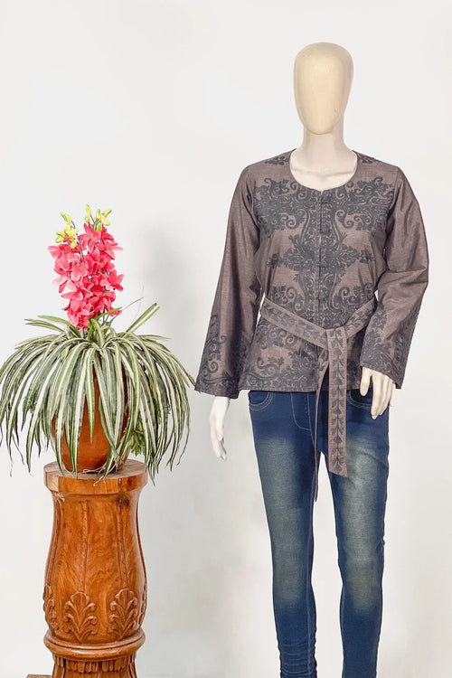 Brown Silk Aari Belted Jacket