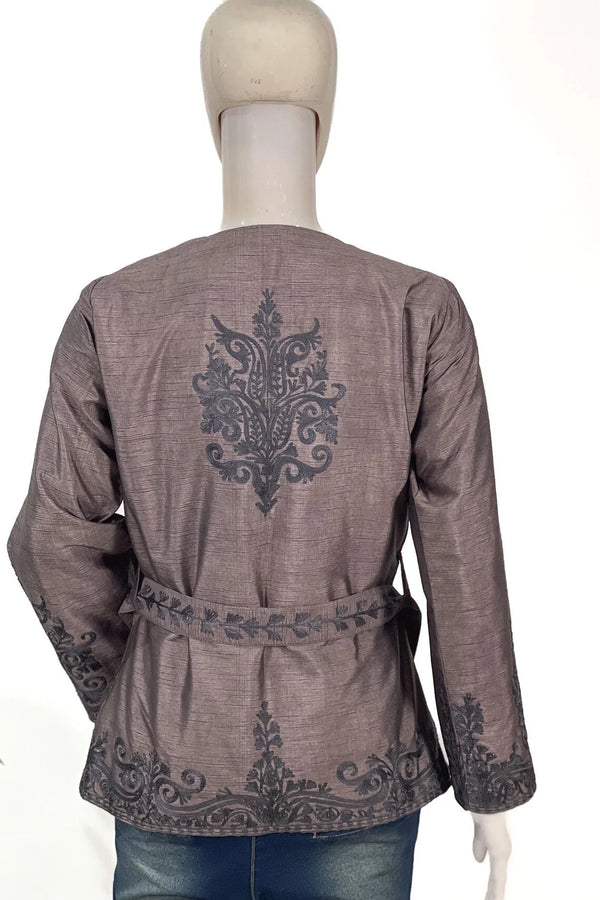 Brown Silk Aari Belted Jacket