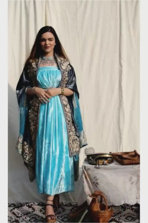 Gloss Velvet Ombre Cape with Gold Tilla Work: Turquoise and Grey