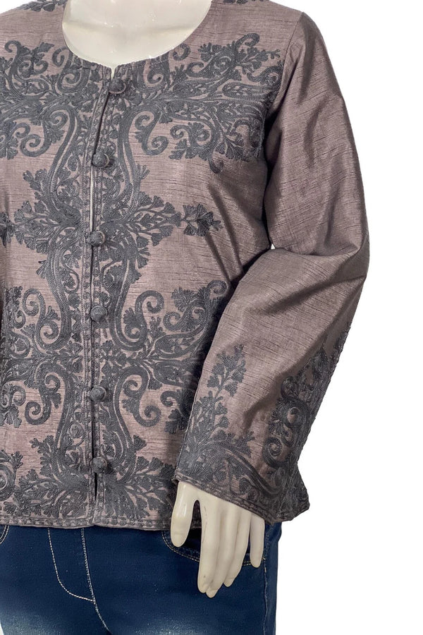 Brown Silk Aari Belted Jacket